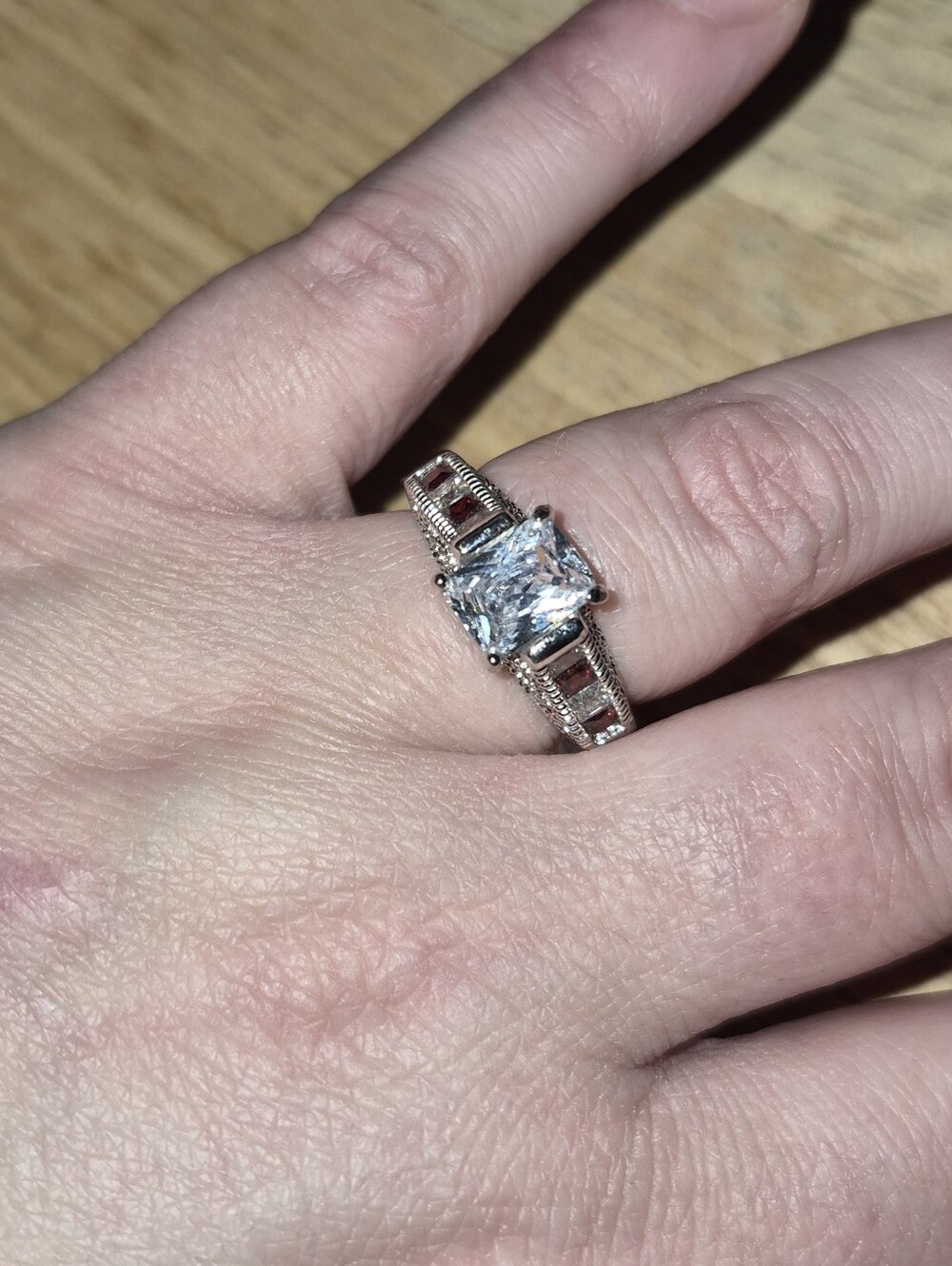 Silver Tone Princess Cut Clear CZ Ring Red & Clear Shoulder Accents Size 7 1/2